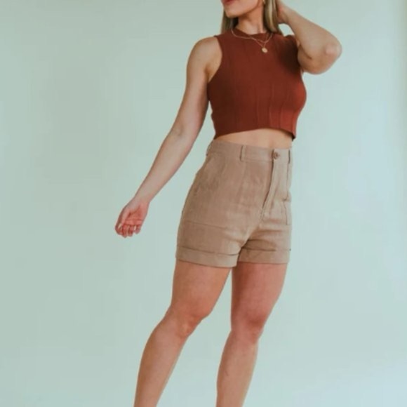 Mod Ref Tan High Waist Linen Shorts Relaxed Fit NWOT Sz Small - Picture 1 of 12